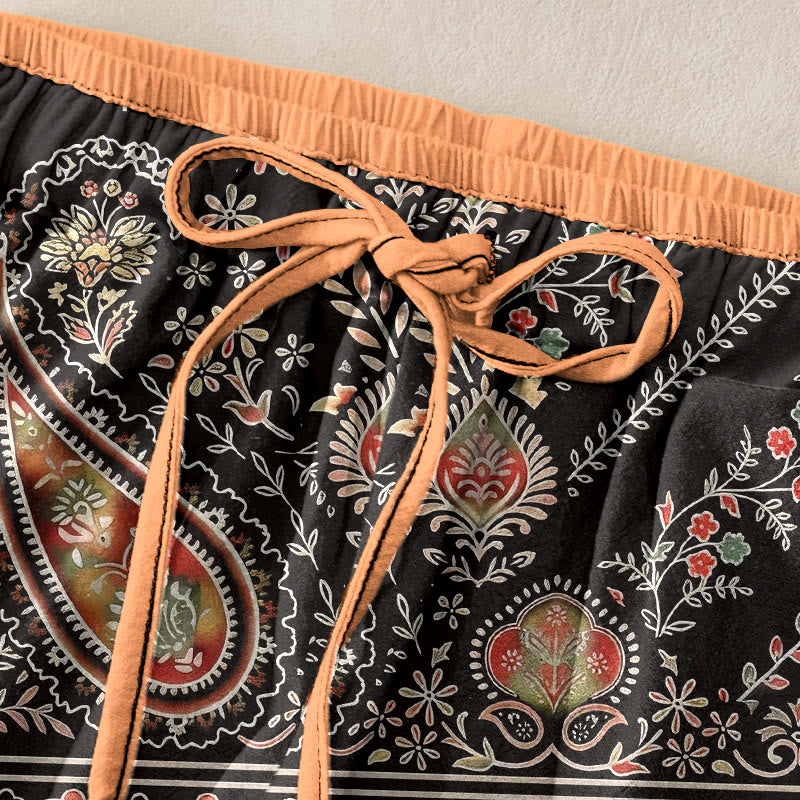 Nimara Ritual Pure Cotton Paisley Lotus Pattern Women's Elastic Waist Pants With Pockets