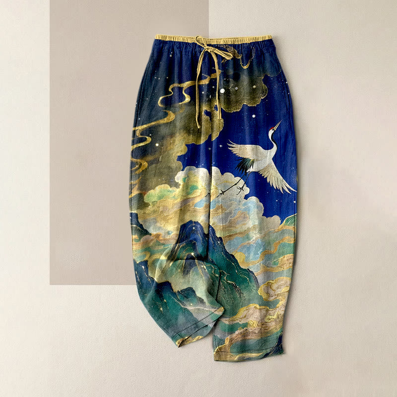 Nimara Ritual Pure Cotton Crane Cloud Mountain Pattern Women's Elastic Waist Pants With Pockets