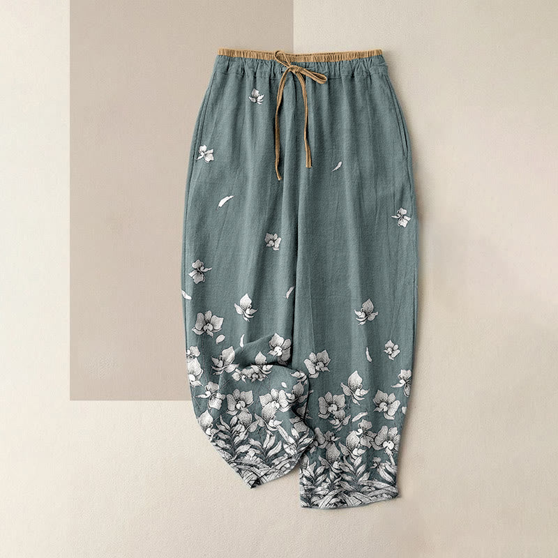 Nimara Ritual Pure Cotton Flower Petal Pattern Women's Elastic Waist Pants With Pockets
