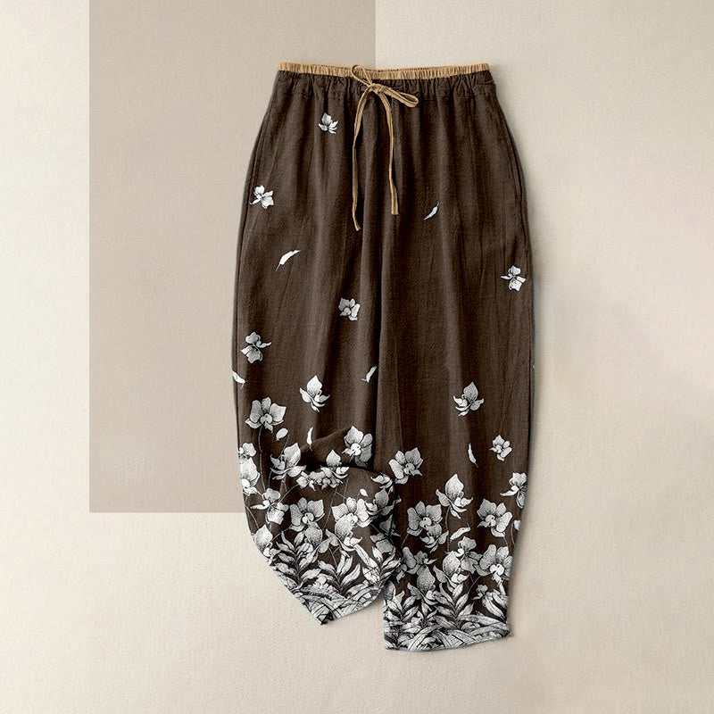Nimara Ritual Pure Cotton Flower Petal Pattern Women's Elastic Waist Pants With Pockets