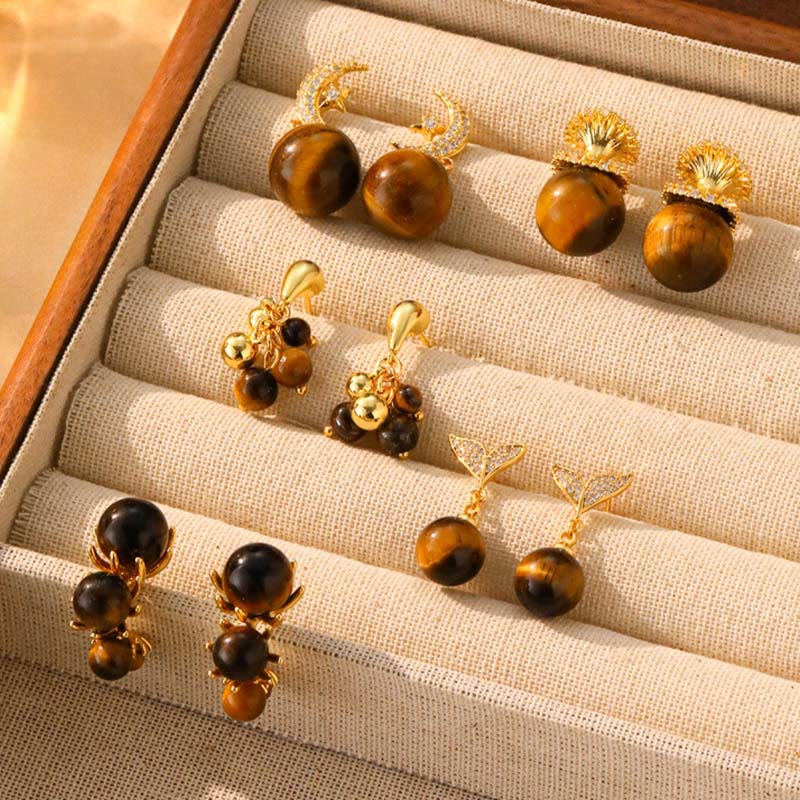 Nimara Ritual Tiger Eye Round Bead Fish Tail Irregular Design Protection Earrings