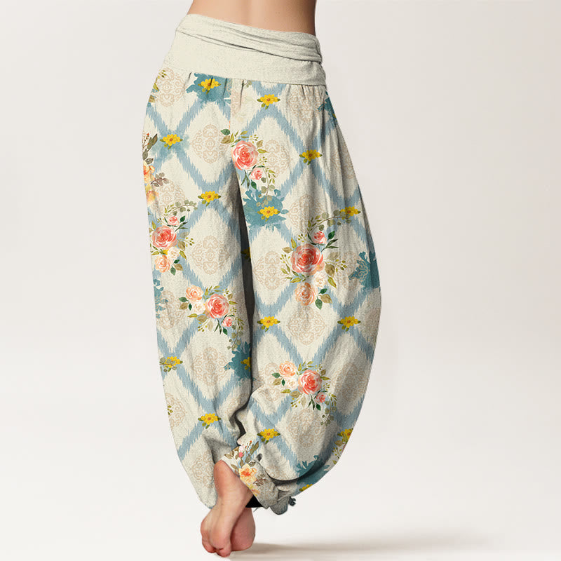Nimara Ritual Cotton Rose Geometric Colorful Flower Pattern Women's Elastic Waist Harem Pants