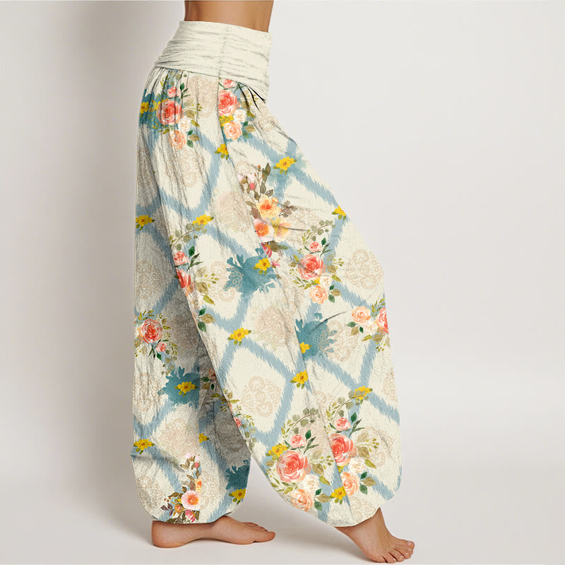 Nimara Ritual Cotton Rose Geometric Colorful Flower Pattern Women's Elastic Waist Harem Pants
