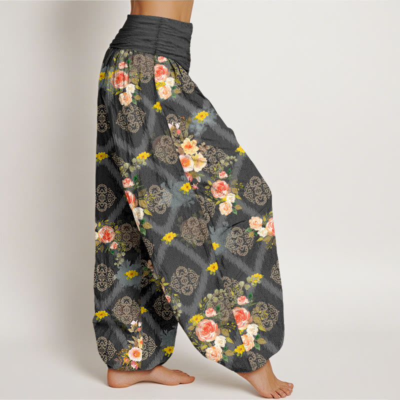 Nimara Ritual Cotton Rose Geometric Colorful Flower Pattern Women's Elastic Waist Harem Pants