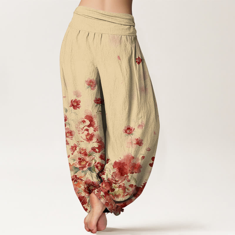 Nimara Ritual Cotton Camellia Peony Blossom Pattern Women's Elastic Waist Harem Pants