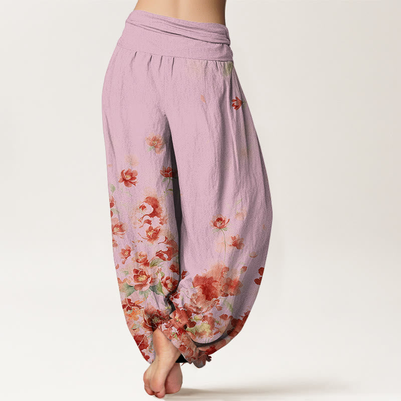 Nimara Ritual Cotton Camellia Peony Blossom Pattern Women's Elastic Waist Harem Pants