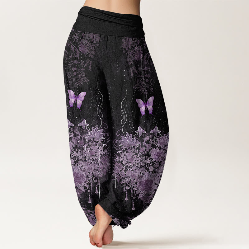 Nimara Ritual Cotton Butterfly Floral Pattern Women's Elastic Waist Harem Pants