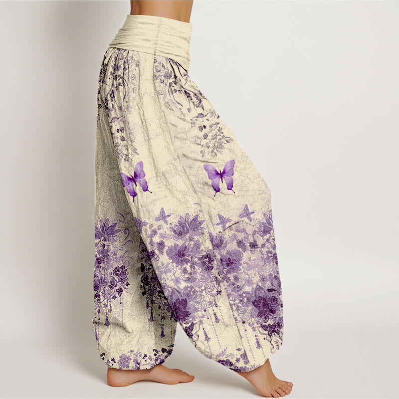 Nimara Ritual Cotton Butterfly Floral Pattern Women's Elastic Waist Harem Pants