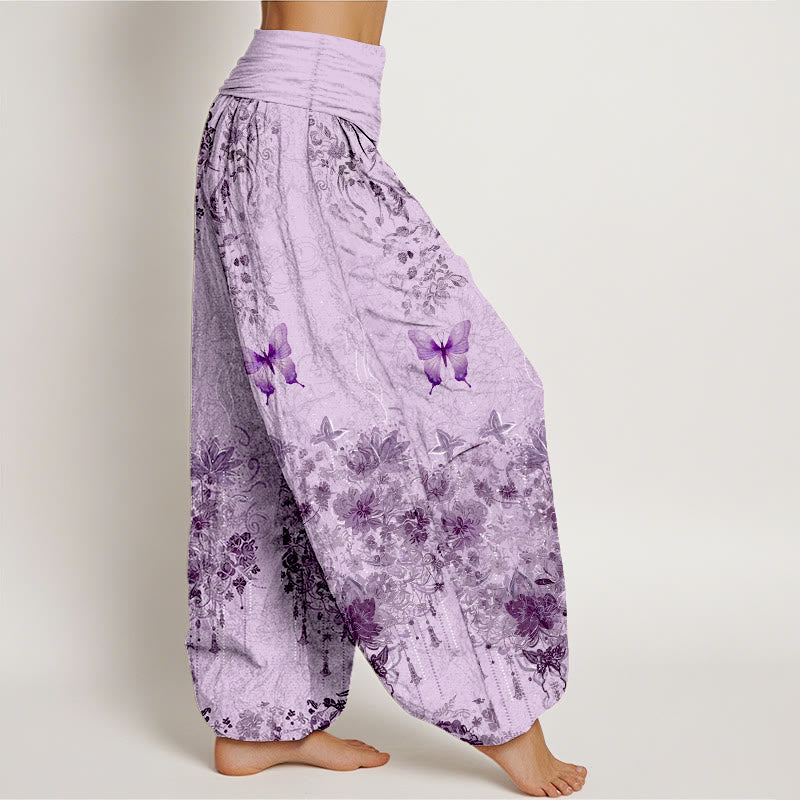 Nimara Ritual Cotton Butterfly Floral Pattern Women's Elastic Waist Harem Pants