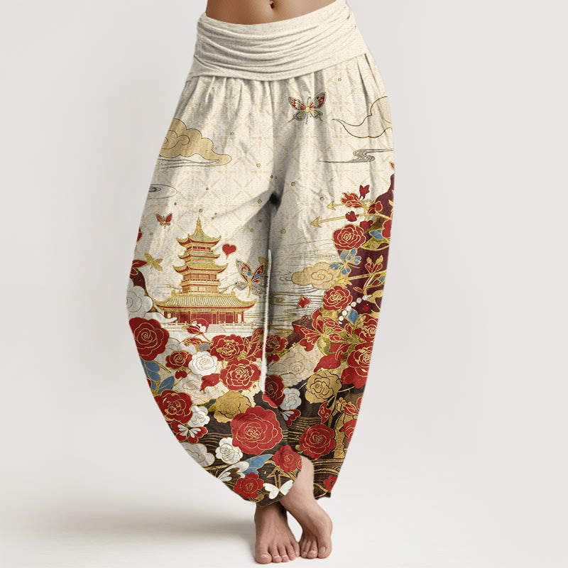 Nimara Ritual Cotton Butterfly Rose Pagoda Heart Pattern Women's Elastic Waist Harem Pants