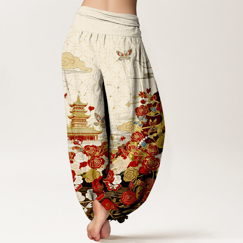 Nimara Ritual Cotton Butterfly Rose Pagoda Heart Pattern Women's Elastic Waist Harem Pants