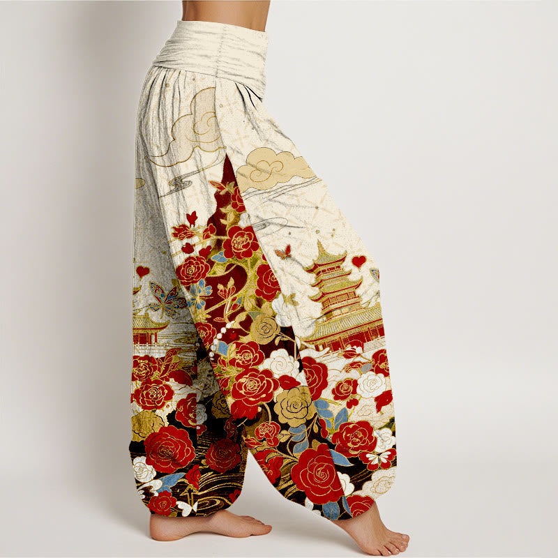 Nimara Ritual Cotton Butterfly Rose Pagoda Heart Pattern Women's Elastic Waist Harem Pants