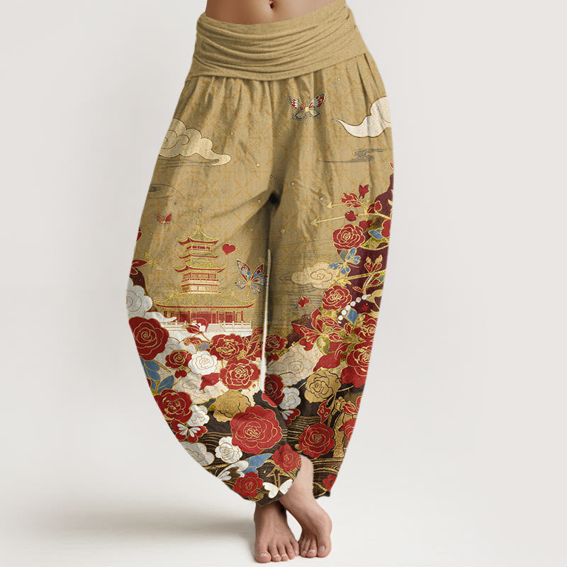 Nimara Ritual Cotton Butterfly Rose Pagoda Heart Pattern Women's Elastic Waist Harem Pants