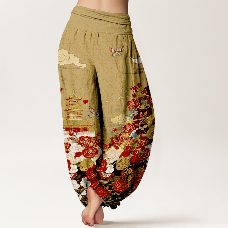 Nimara Ritual Cotton Butterfly Rose Pagoda Heart Pattern Women's Elastic Waist Harem Pants