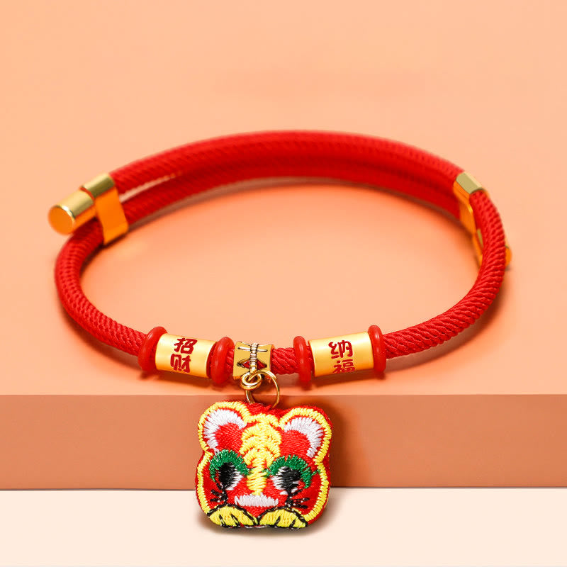 Nimara Ritual Red String Plaited Embroidery Tiger Fu Character Protection Adjustable Cats Dogs Pet Collar