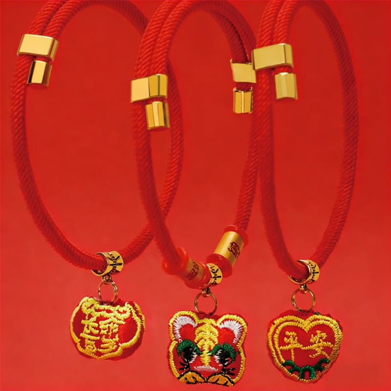 Nimara Ritual Red String Plaited Embroidery Tiger Fu Character Protection Adjustable Cats Dogs Pet Collar