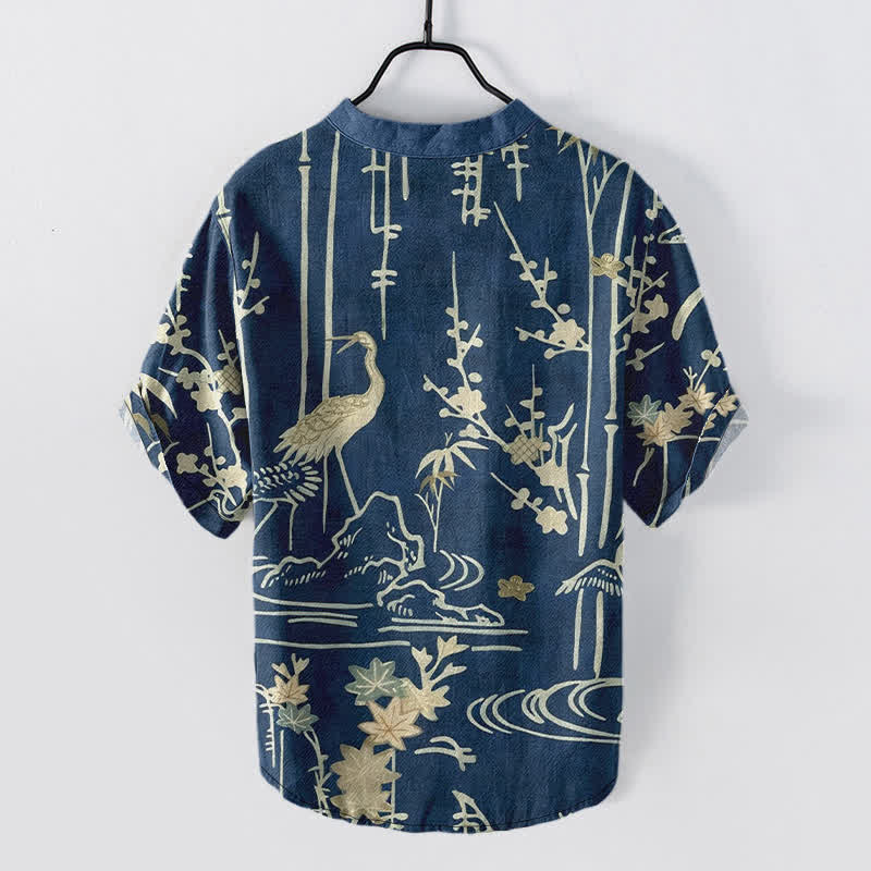 Nimara Ritual Cotton Crane Bamboo Floral Pattern Men's Short Sleeve Half Button Shirt