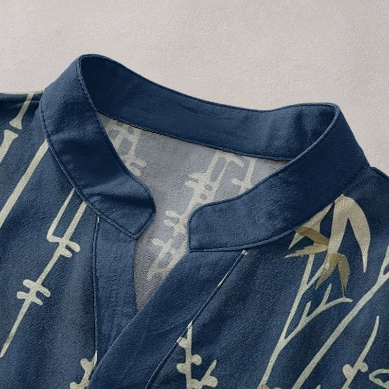 Nimara Ritual Cotton Crane Bamboo Floral Pattern Men's Short Sleeve Half Button Shirt