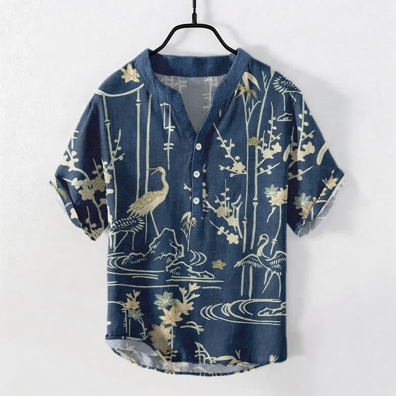 Nimara Ritual Cotton Crane Bamboo Floral Pattern Men's Short Sleeve Half Button Shirt