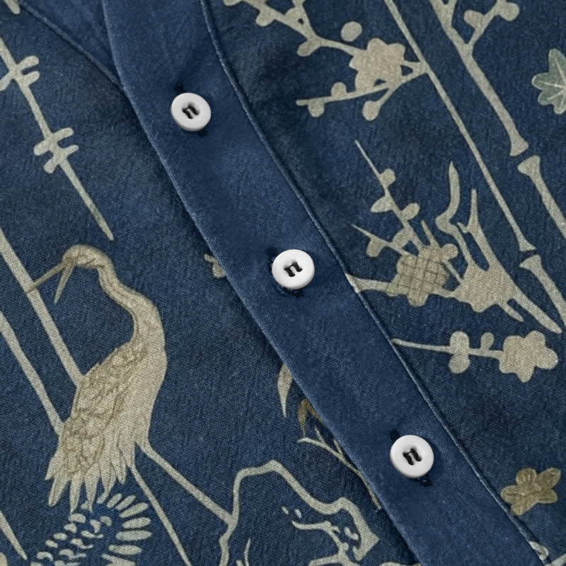Nimara Ritual Cotton Crane Bamboo Floral Pattern Men's Short Sleeve Half Button Shirt