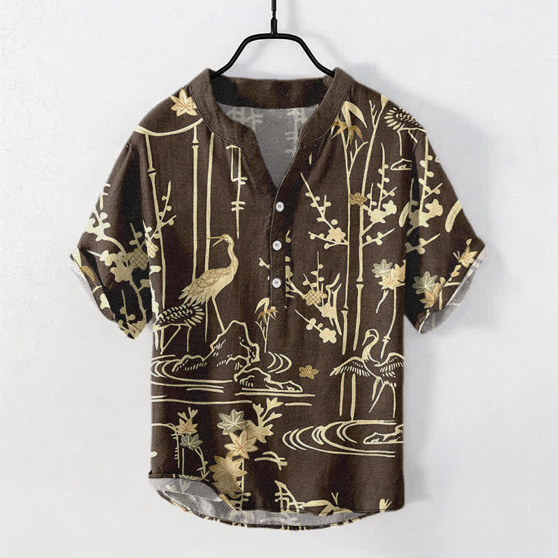 Nimara Ritual Cotton Crane Bamboo Floral Pattern Men's Short Sleeve Half Button Shirt