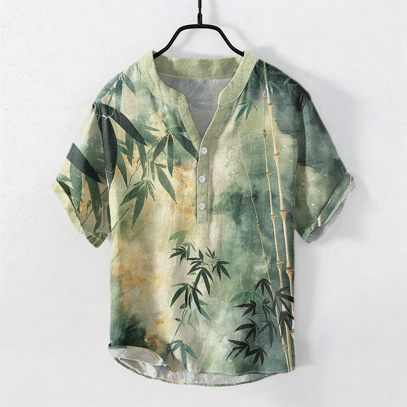 Nimara Ritual Cotton Bamboo Pattern Men's Short Sleeve Half Button Shirt