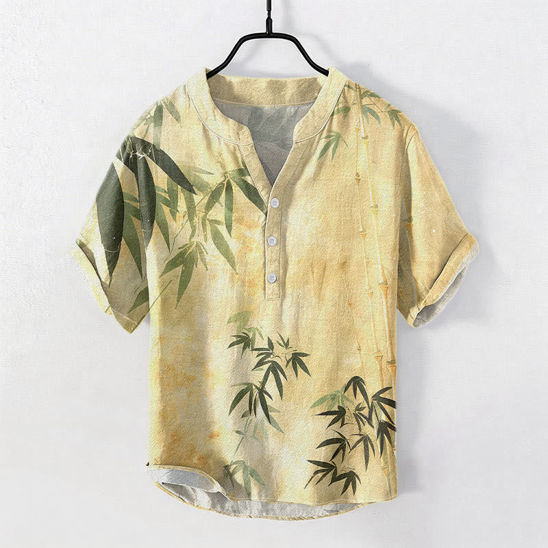 Nimara Ritual Cotton Bamboo Pattern Men's Short Sleeve Half Button Shirt