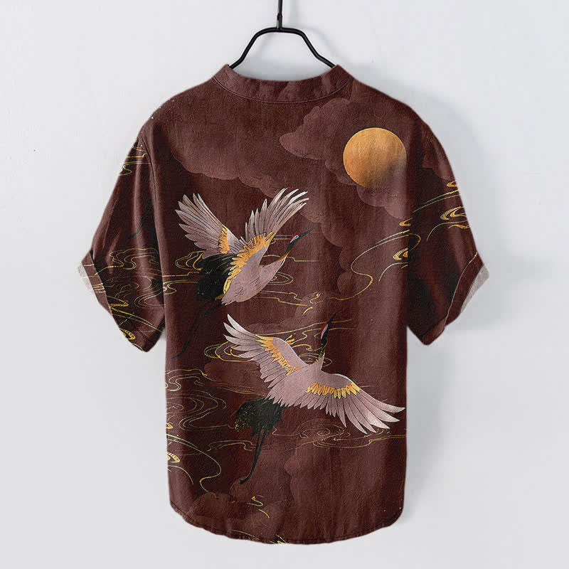 Nimara Ritual Cotton Full Moon Crane Pattern Men's Short Sleeve Half Button Shirt