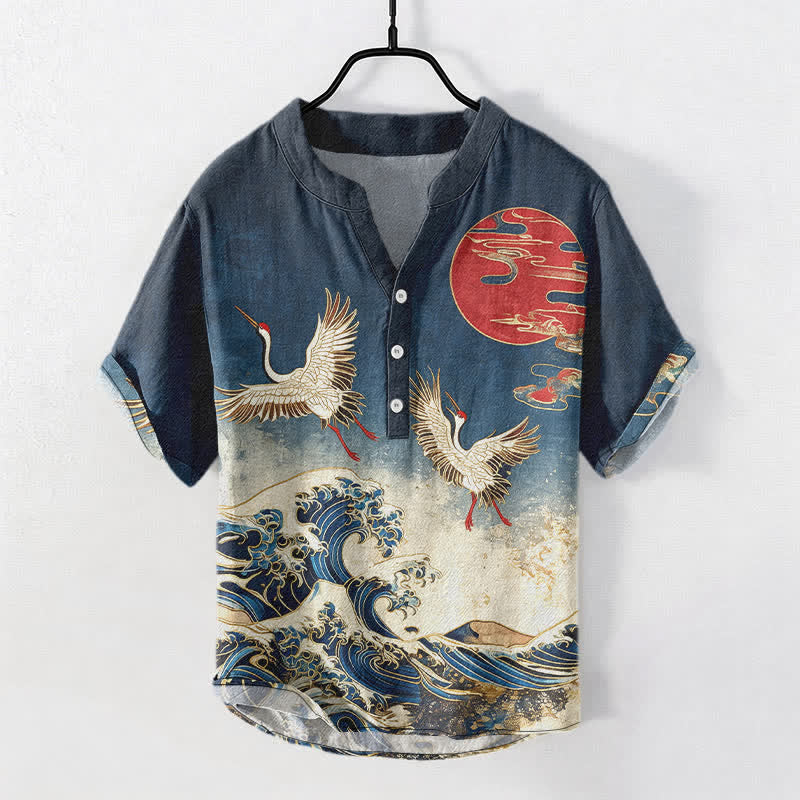 Nimara Ritual Cotton Crane Wave Sun Pattern Men's Short Sleeve Half Button Shirt