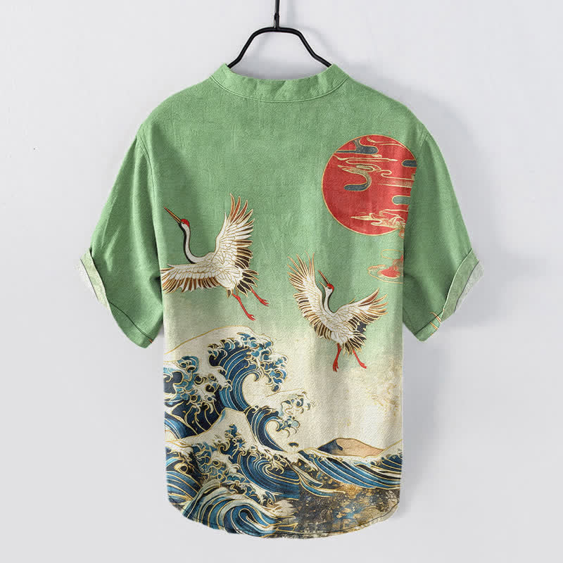 Nimara Ritual Cotton Crane Wave Sun Pattern Men's Short Sleeve Half Button Shirt