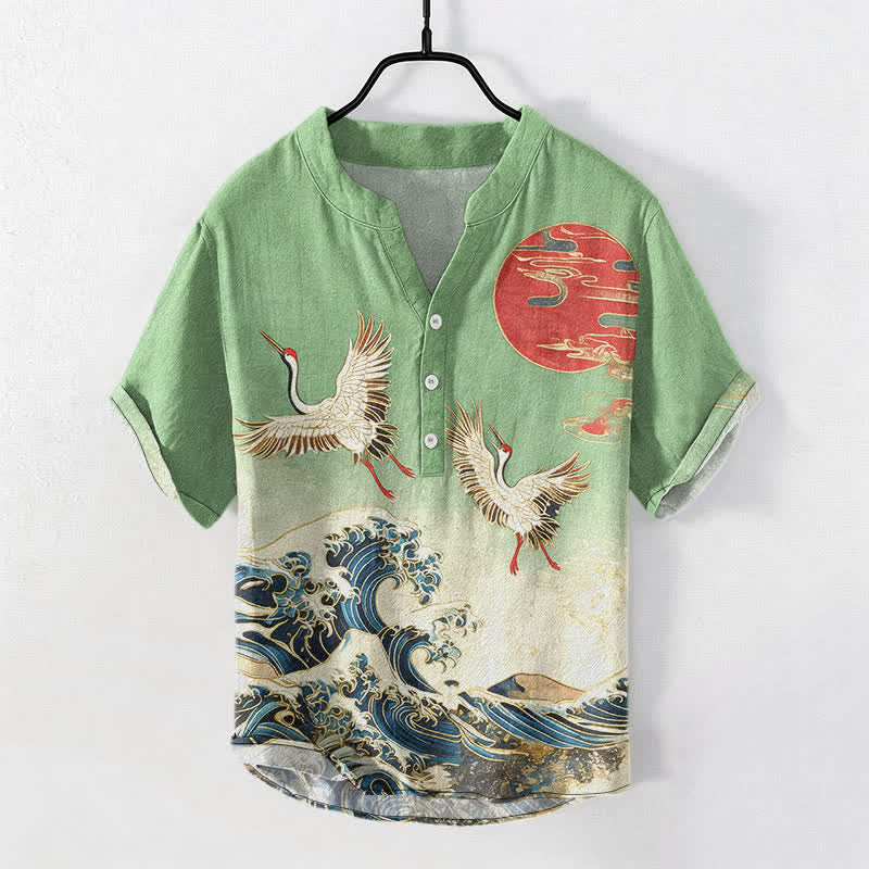 Nimara Ritual Cotton Crane Wave Sun Pattern Men's Short Sleeve Half Button Shirt