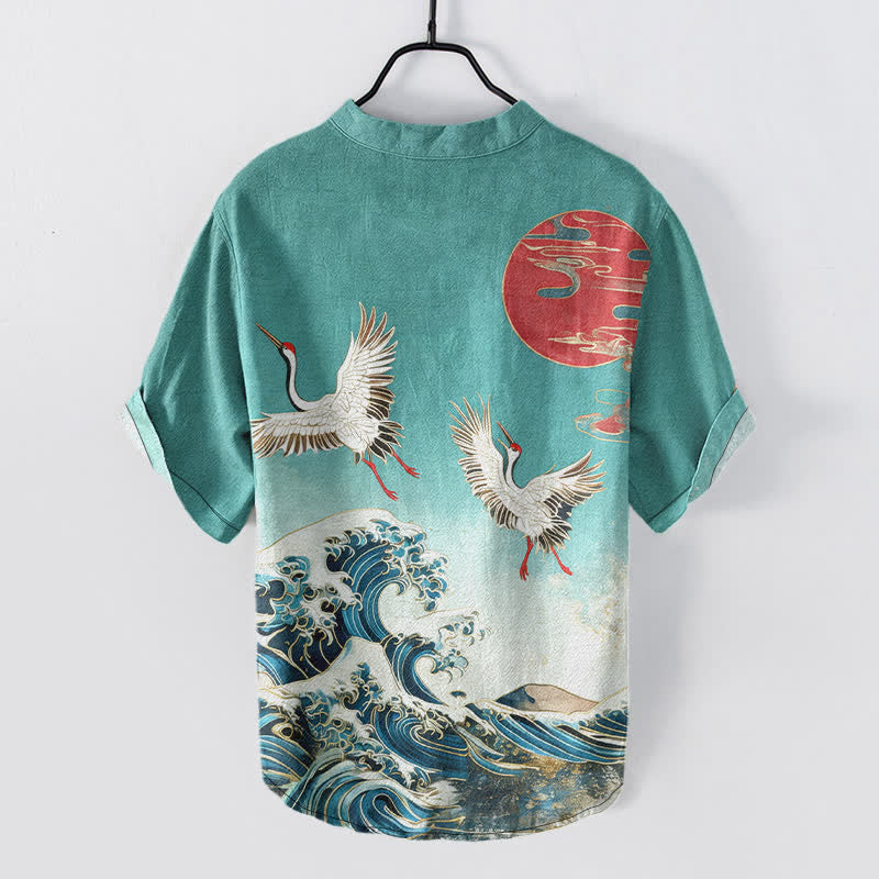 Nimara Ritual Cotton Crane Wave Sun Pattern Men's Short Sleeve Half Button Shirt
