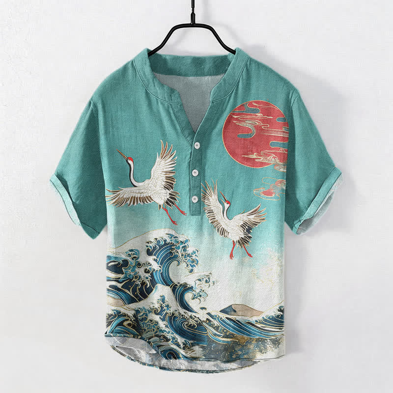 Nimara Ritual Cotton Crane Wave Sun Pattern Men's Short Sleeve Half Button Shirt