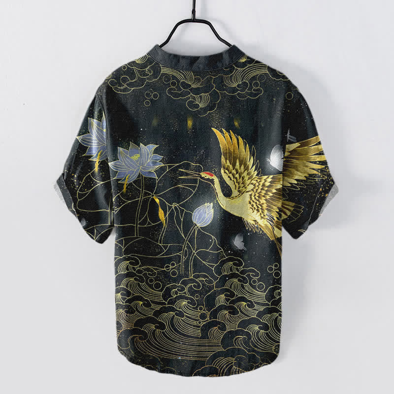 Nimara Ritual Cotton Crane Wave Lotus Cloud Pattern Men's Short Sleeve Half Button Shirt