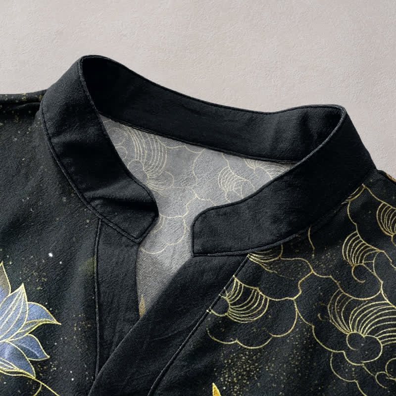 Nimara Ritual Cotton Crane Wave Lotus Cloud Pattern Men's Short Sleeve Half Button Shirt