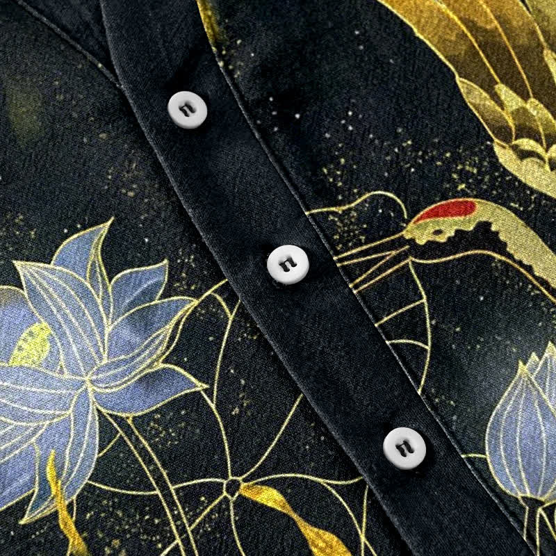 Nimara Ritual Cotton Crane Wave Lotus Cloud Pattern Men's Short Sleeve Half Button Shirt
