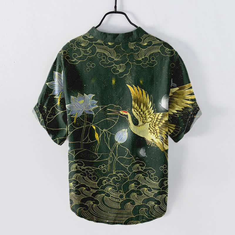 Nimara Ritual Cotton Crane Wave Lotus Cloud Pattern Men's Short Sleeve Half Button Shirt