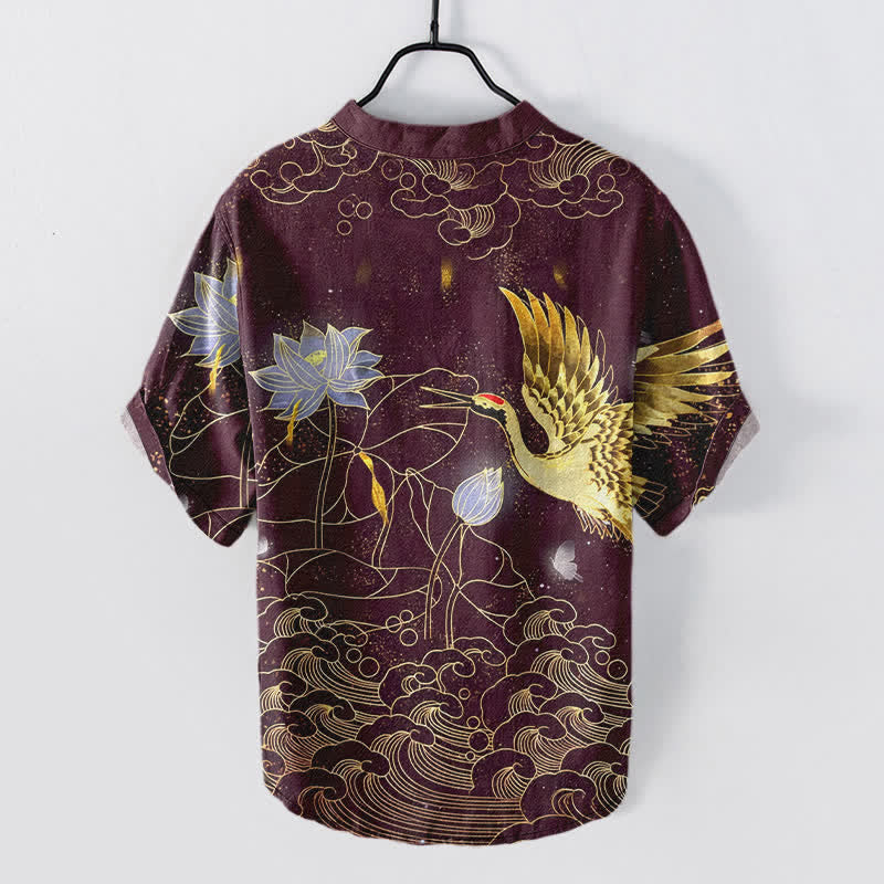 Nimara Ritual Cotton Crane Wave Lotus Cloud Pattern Men's Short Sleeve Half Button Shirt