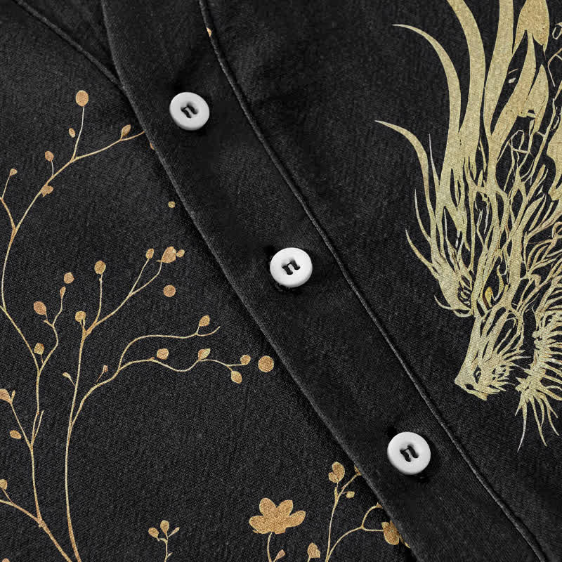 Nimara Ritual Cotton Wave Dragon Flower Pattern Men's Short Sleeve Half Button Shirt