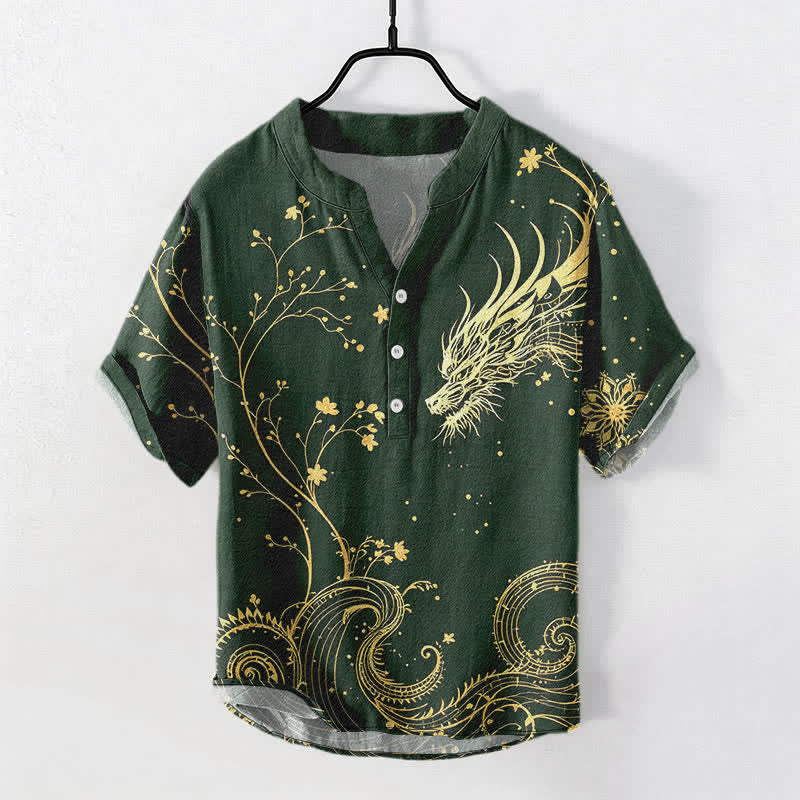 Nimara Ritual Cotton Wave Dragon Flower Pattern Men's Short Sleeve Half Button Shirt
