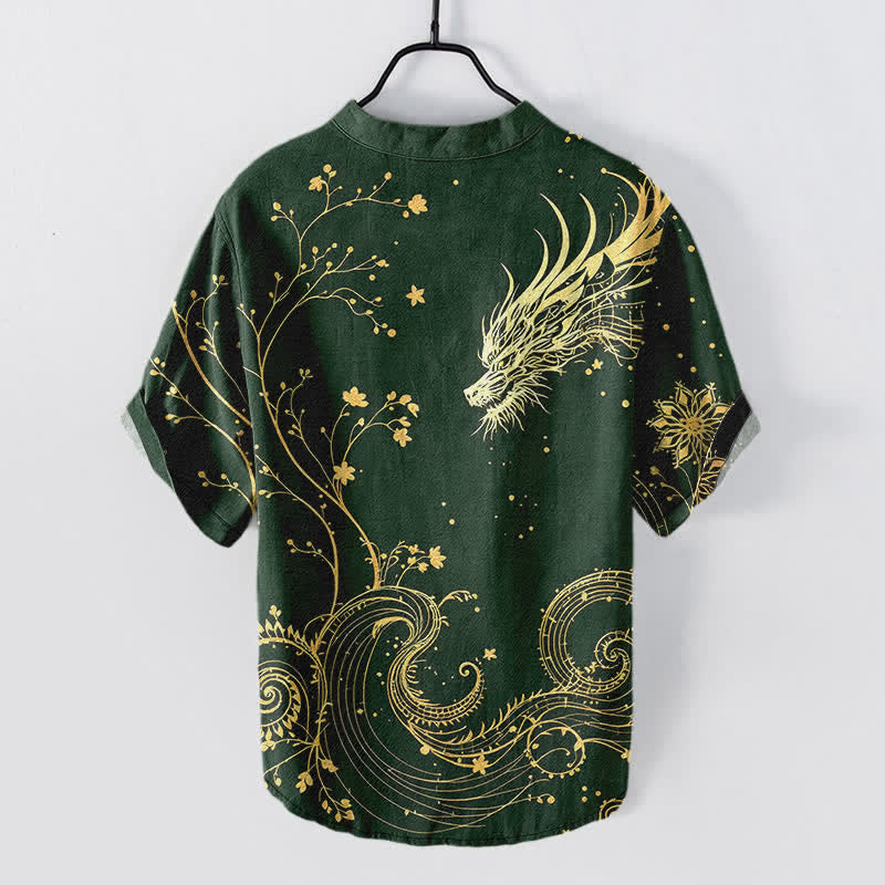 Nimara Ritual Cotton Wave Dragon Flower Pattern Men's Short Sleeve Half Button Shirt
