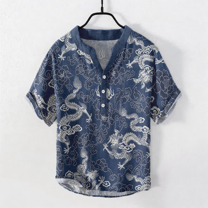 Nimara Ritual Cotton Dragon Lotus Pattern Men's Short Sleeve Half Button Shirt
