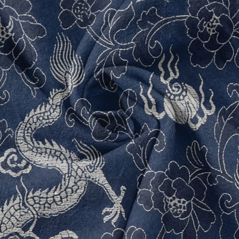 Nimara Ritual Cotton Dragon Lotus Pattern Men's Short Sleeve Half Button Shirt