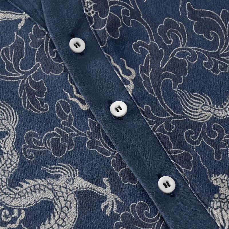 Nimara Ritual Cotton Dragon Lotus Pattern Men's Short Sleeve Half Button Shirt