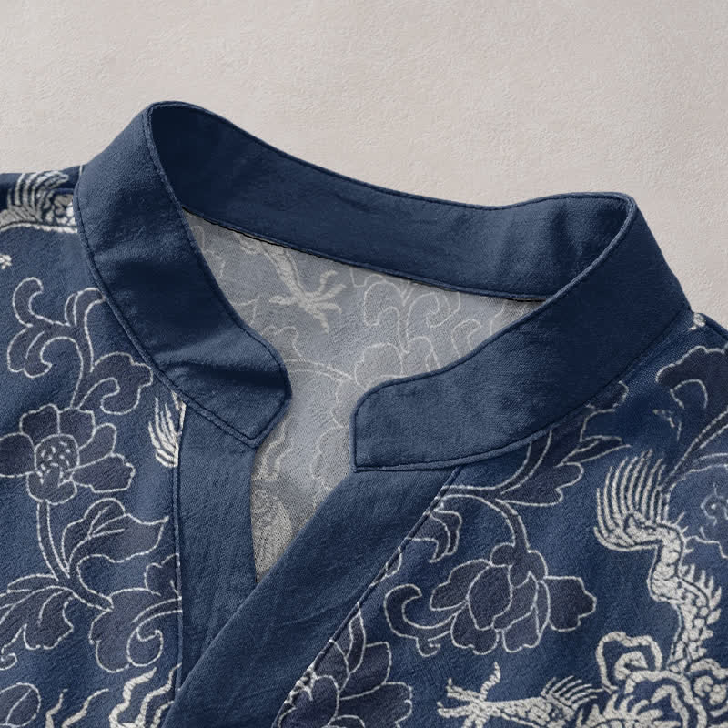 Nimara Ritual Cotton Dragon Lotus Pattern Men's Short Sleeve Half Button Shirt
