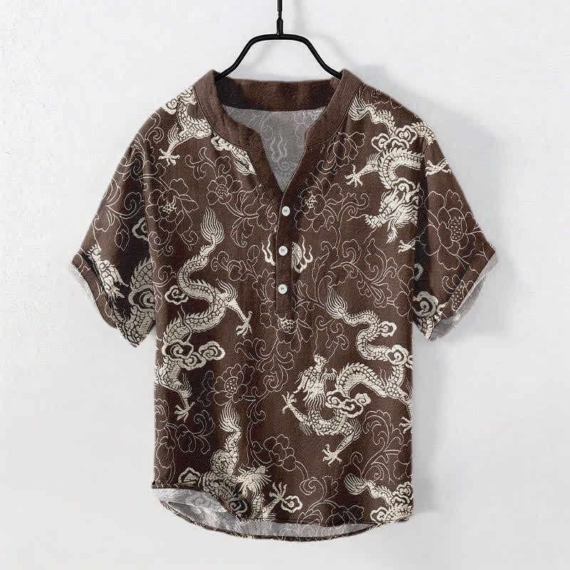 Nimara Ritual Cotton Dragon Lotus Pattern Men's Short Sleeve Half Button Shirt