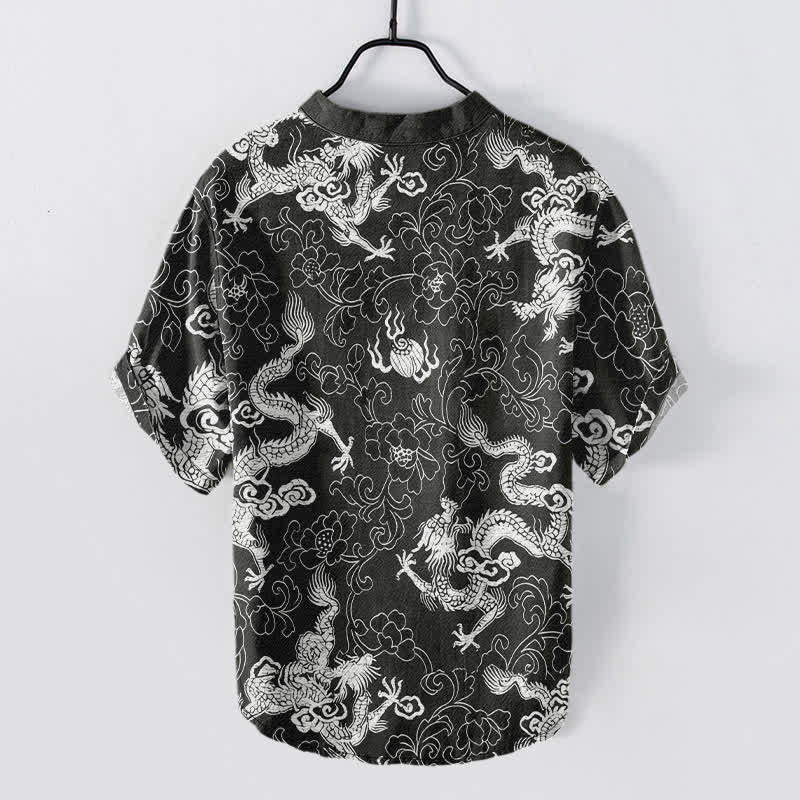 Nimara Ritual Cotton Dragon Lotus Pattern Men's Short Sleeve Half Button Shirt