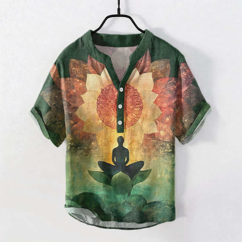 Nimara Ritual Cotton Lotus Meditating Figure Pattern Men's Short Sleeve Half Button Shirt