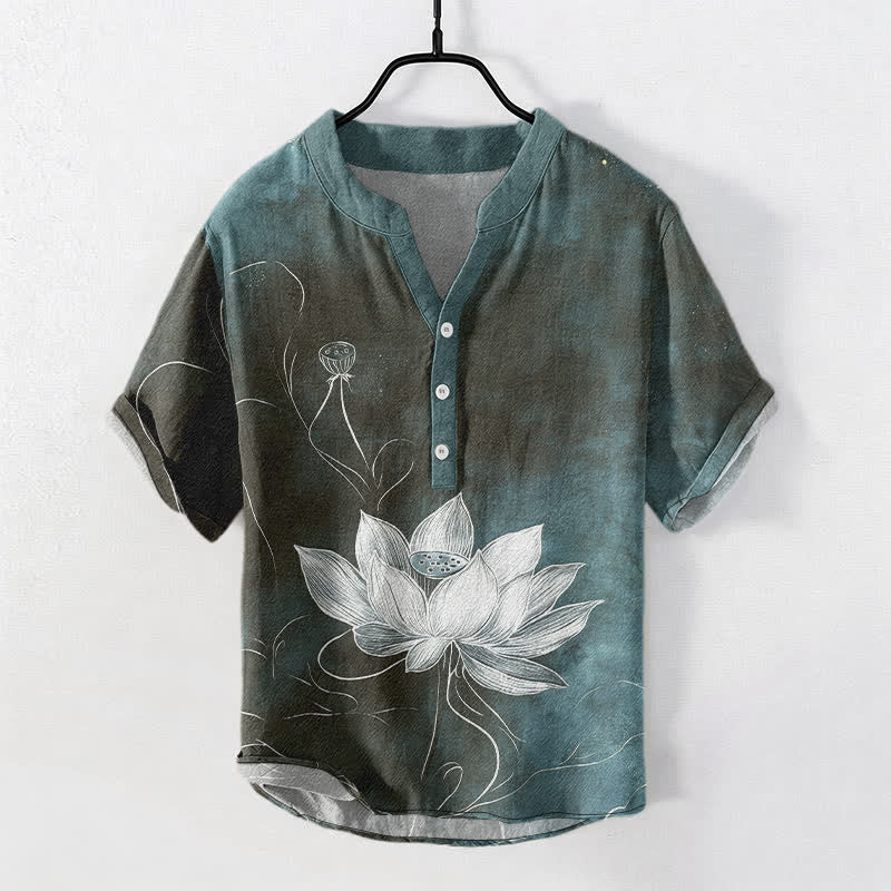 Nimara Ritual Cotton Lotus Pattern Men's Short Sleeve Half Button Shirt