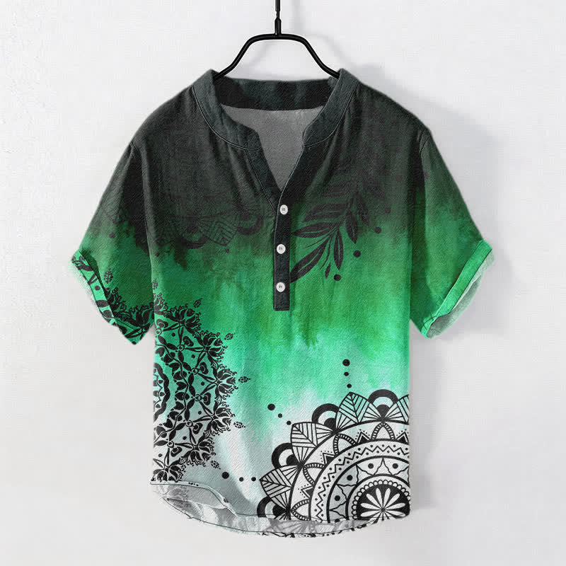 Nimara Ritual Cotton Mandala Pattern Men's Short Sleeve Half Button Shirt